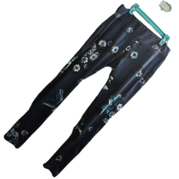 Activewear Full Length Leggings - Blue Flower Floral Work Out Legging - Picture 1 of 2